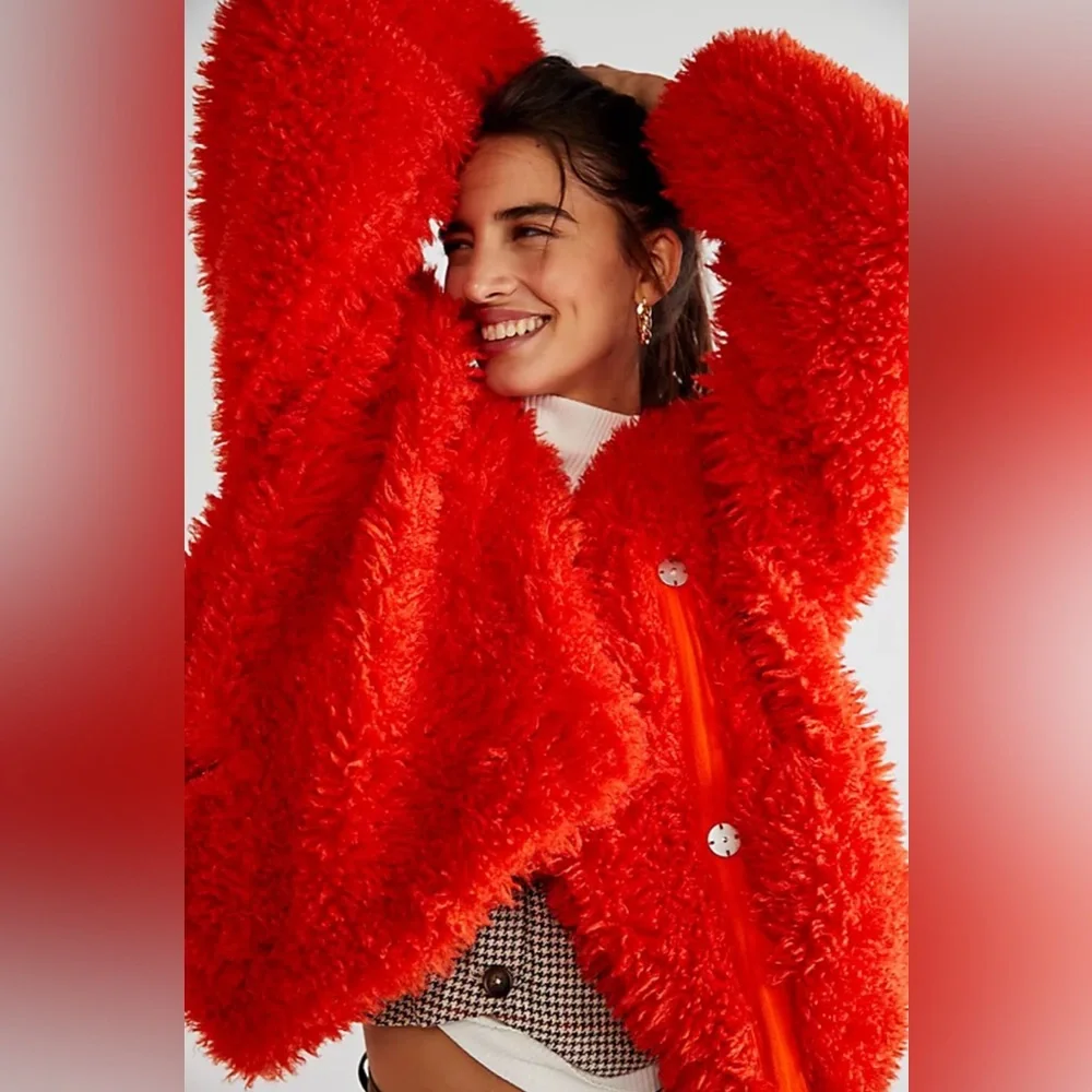 EUC. Free People Lena Teddy Jacket Orangish-red XS - Picture 4 of 11